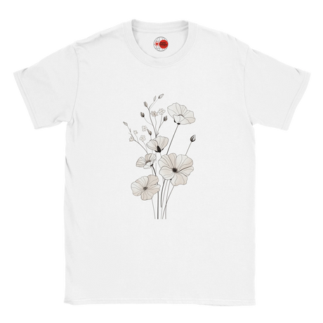 White t-shirt with floral design on a white background