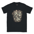 "Black t-shirt with crisp white geometric cube line-art design displayed on front"

