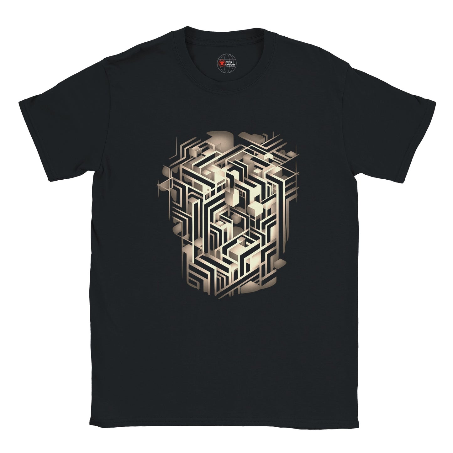"Black t-shirt with crisp white geometric cube line-art design displayed on front"

