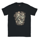 "Black t-shirt with crisp white geometric cube line-art design displayed on front"

