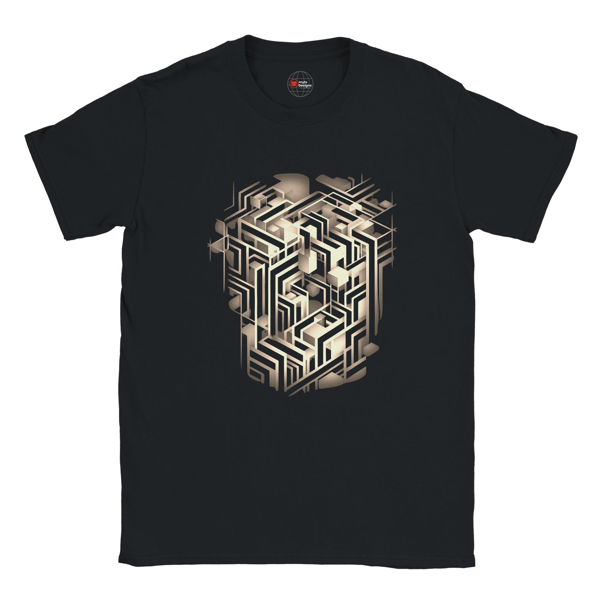 "Black t-shirt with crisp white geometric cube line-art design displayed on front"

