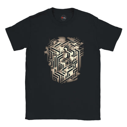 "Black t-shirt with crisp white geometric cube line-art design displayed on front"


