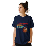 A young woman wearing a navy Retro-style casual tee featuring bold vintage script reading “Certified Nuts, No Need to Panic” in distressed lettering, printed on ultra-soft Gildan 64000 cotton.

