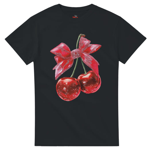 Black t-shirt with red cherries and a bow design on a white background