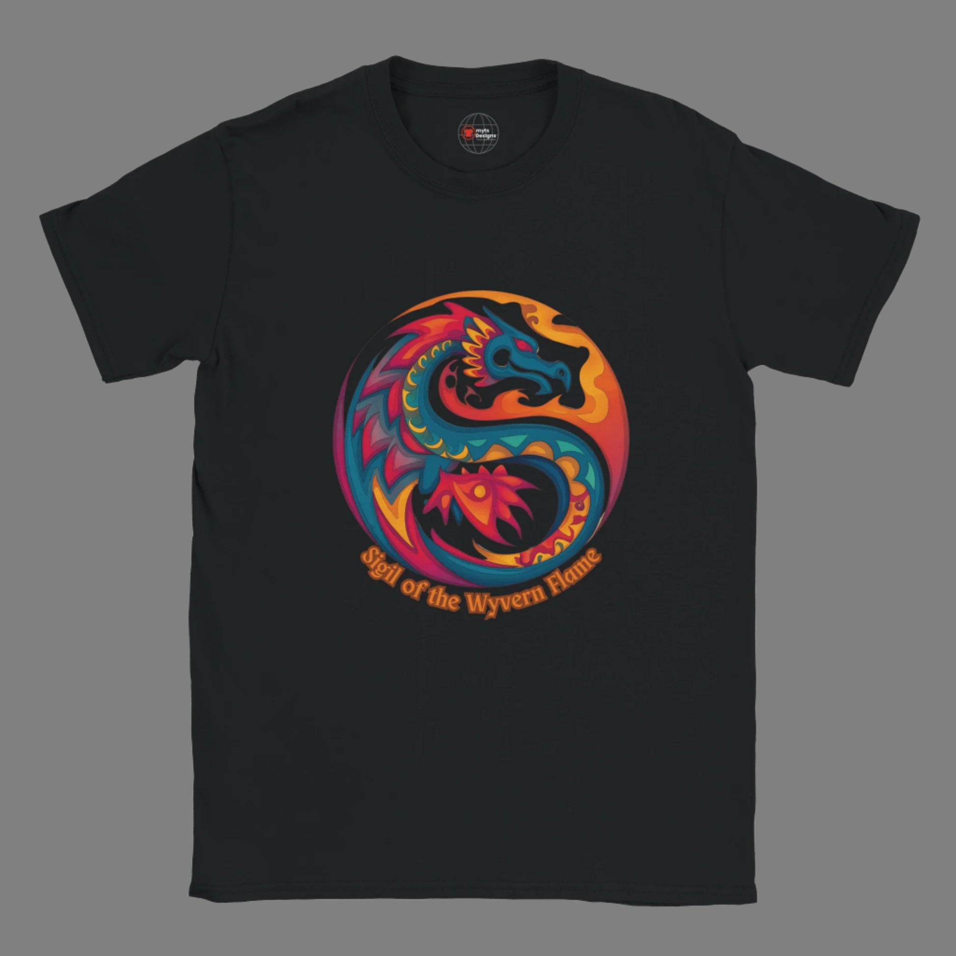 Front view of a men’s black T‑shirt featuring a bold dragon symbol graphic centered on soft cotton tee