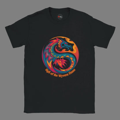 Front view of a men’s black T‑shirt featuring a bold dragon symbol graphic centered on soft cotton tee