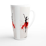 A tall white ceramic latte mug featuring a graphic design of black ballerina silhouettes and red paint splatters on a light gray background panels.