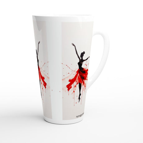 A tall white ceramic latte mug featuring a graphic design of black ballerina silhouettes and red paint splatters on a light gray background panels.