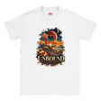 An white flat-lay T-shirt with surreal space and floral design with the words in bold "Unbound" and in a script style below "Somewhere Beyond"