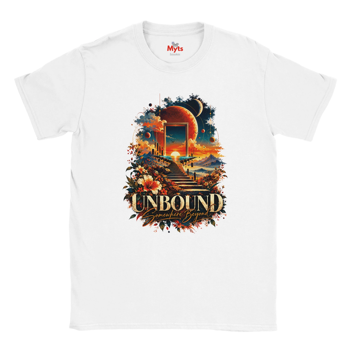 An white flat-lay T-shirt with surreal space and floral design with the words in bold "Unbound" and in a script style below "Somewhere Beyond"