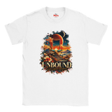 An white flat-lay T-shirt with surreal space and floral design with the words in bold "Unbound" and in a script style below "Somewhere Beyond"