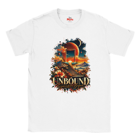 An white flat-lay T-shirt with surreal space and floral design with the words in bold "Unbound" and in a script style below "Somewhere Beyond"