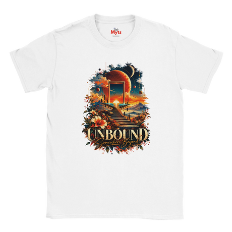 An white flat-lay T-shirt with surreal space and floral design with the words in bold "Unbound" and in a script style below "Somewhere Beyond"
