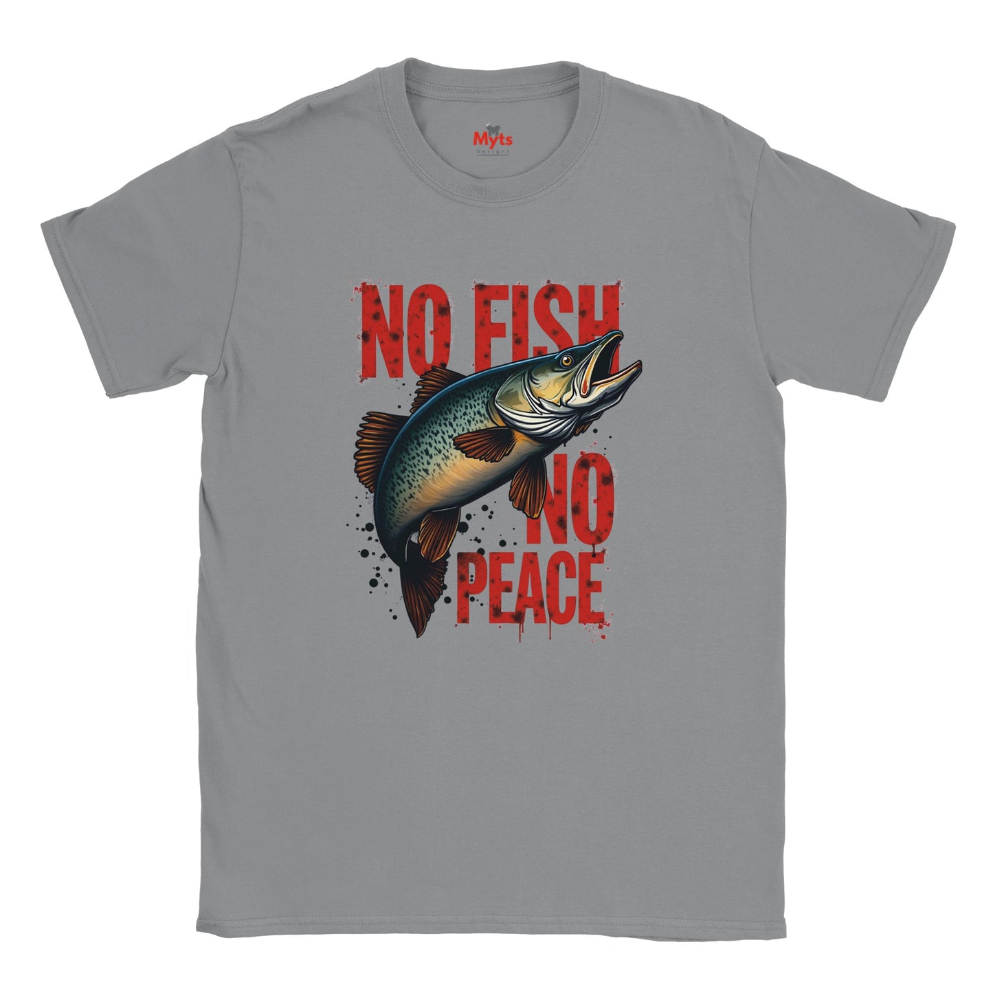 Gray t-shirt with a fish graphic and 'No Fish No Peace' text on a white background