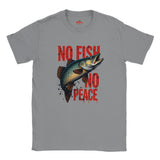 Gray t-shirt with a fish graphic and 'No Fish No Peace' text on a white background