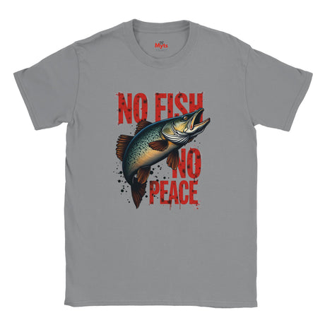 Gray t-shirt with a fish graphic and 'No Fish No Peace' text on a white background