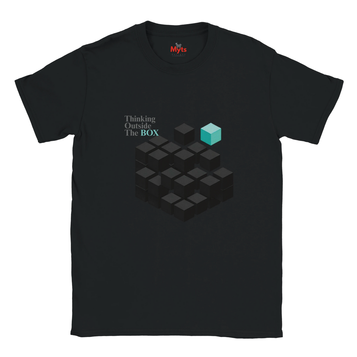 Black t-shirt with geometric cube design and text 'Thinking Outside The BOX' on a white background