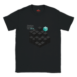 Black t-shirt with geometric cube design and text 'Thinking Outside The BOX' on a white background