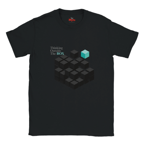 Black t-shirt with geometric cube design and text 'Thinking Outside The BOX' on a white background