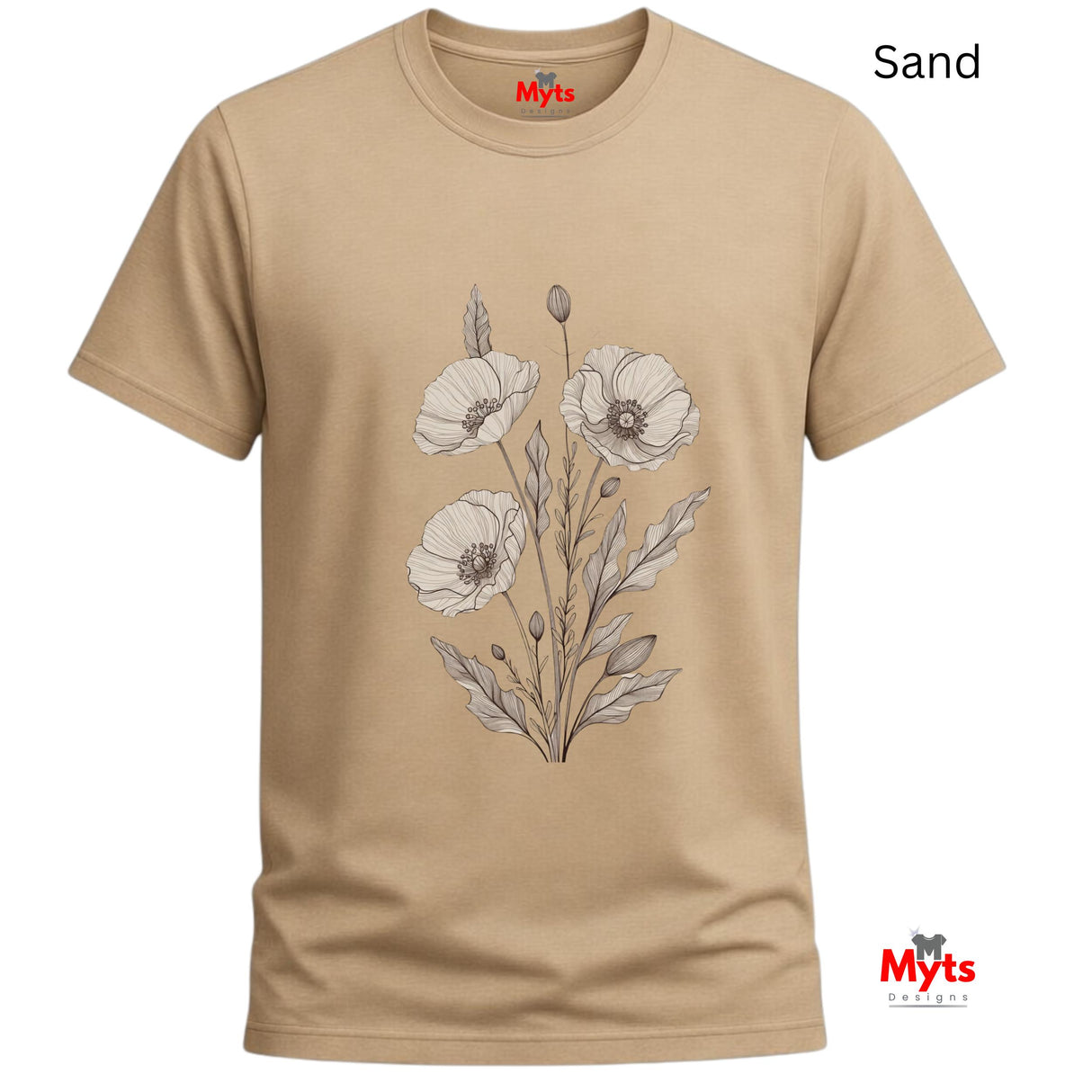 A Sand minimalist poppy flower T-shirt featuring delicate neutral botanical floral line art by MytsDesigns.