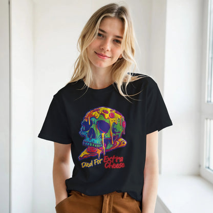 Person wearing a black t-shirt with a colorful skull design and text.