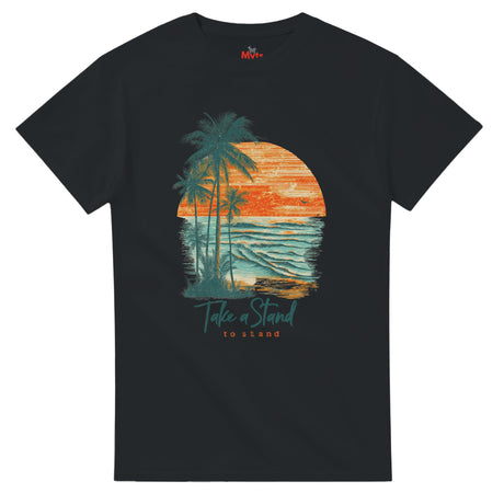 Black t-shirt with a tropical design featuring palm trees and a sunset, on a white background.