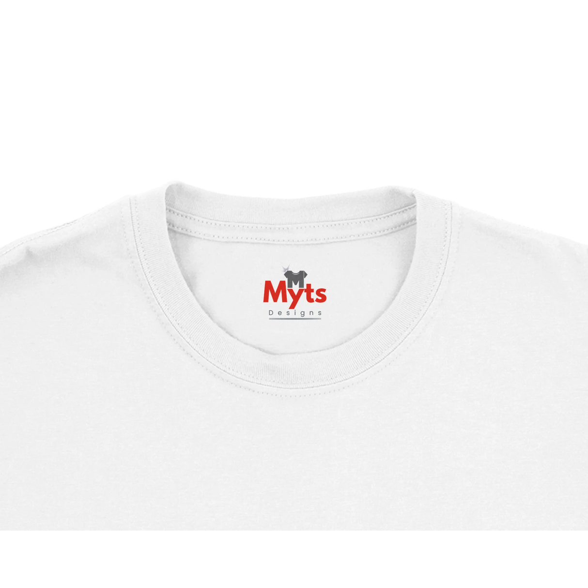 Close-up of a white t-shirt with 'Myts' logo on a white background