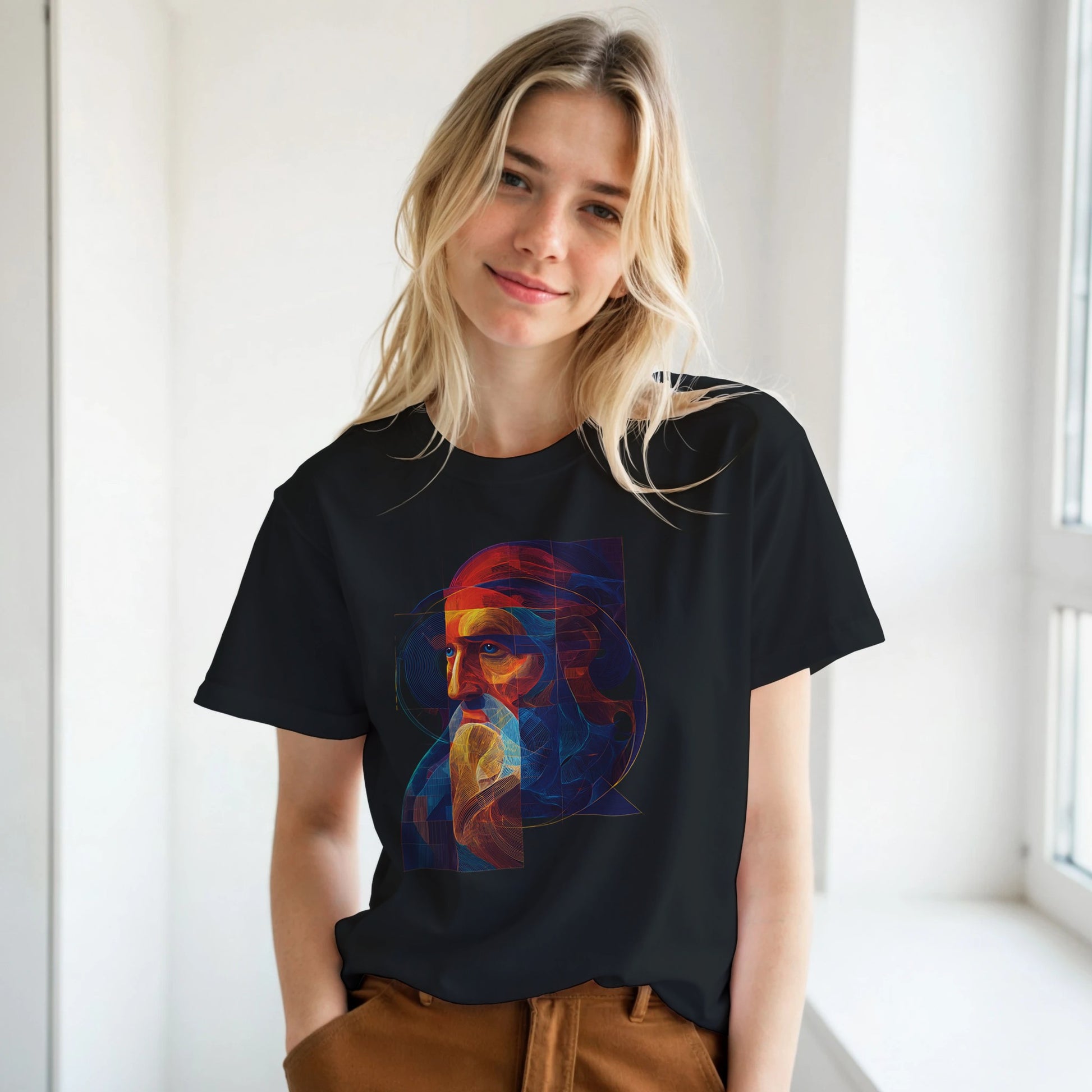 Person wearing a black t-shirt with a colorful graphic design, standing indoors.