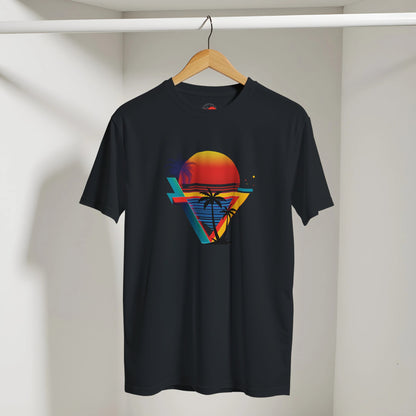 Black t-shirt with colorful geometric design on a hanger against a plain background