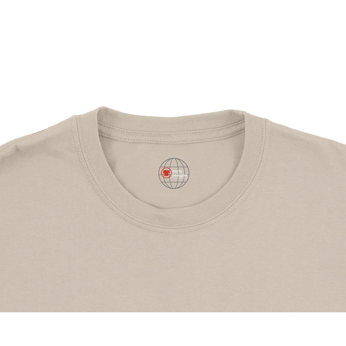 Beige t-shirt with a logo on the chest area against a white background