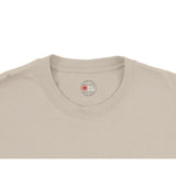 Beige t-shirt with a logo on the chest area against a white background