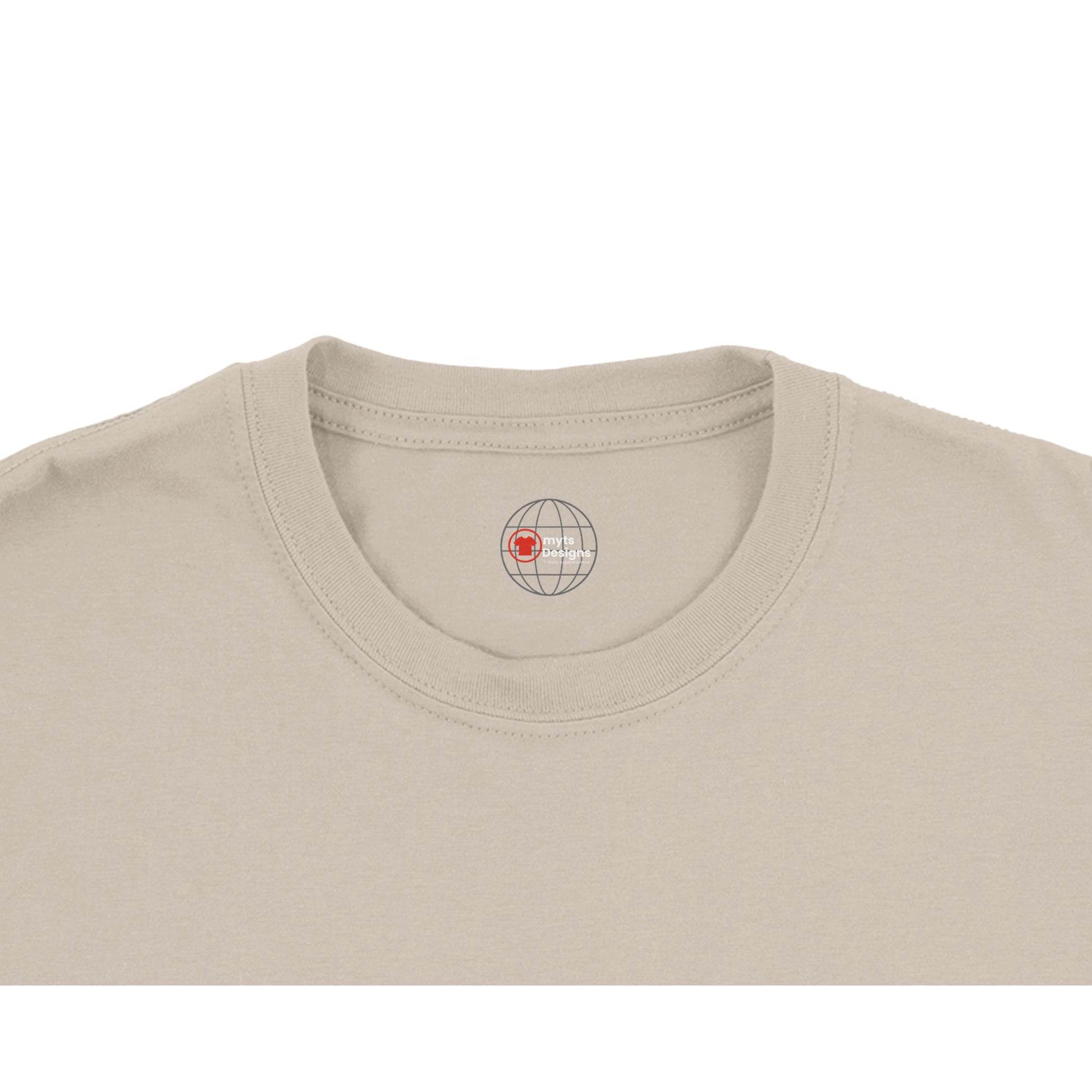 Beige t-shirt with a logo on the chest area against a white background
