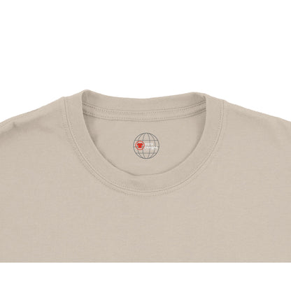 Beige t-shirt with a logo on the chest area against a white background