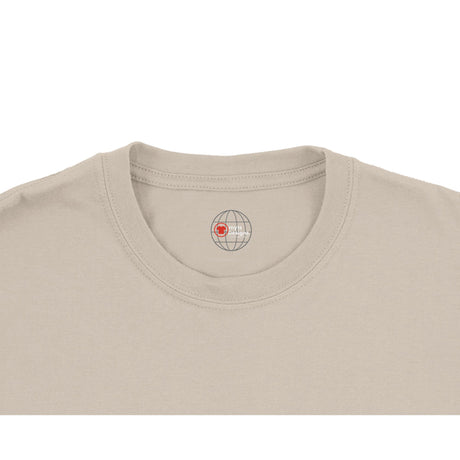 Beige t-shirt with a logo on the chest area against a white background