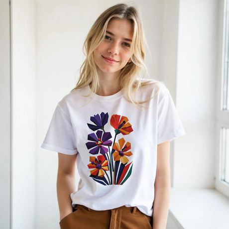Woman wearing a white geometric wildflower T-shirt featuring colourful abstract flowers in purple, orange, yellow, navy and green with angular modern petals.
