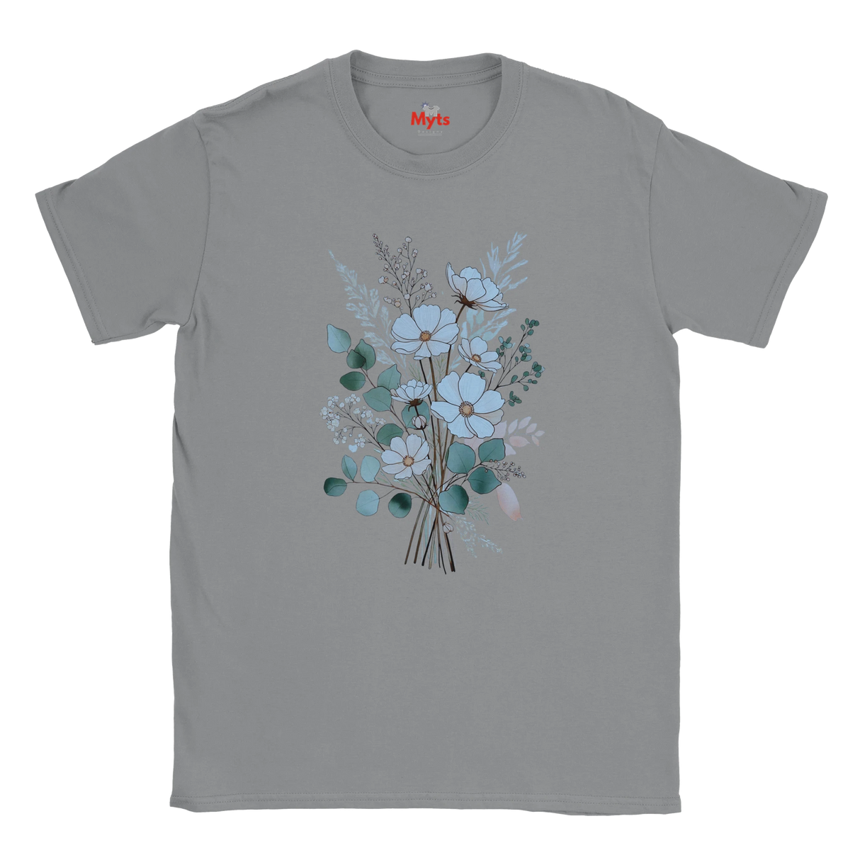 A gray short-sleeve crewneck t-shirt featuring a central graphic of a bouquet with light blue and white flowers, teal-green leaves, and dried botanical stems. The brand name 'Mits' is printed in red inside the collar.