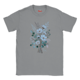 A gray short-sleeve crewneck t-shirt featuring a central graphic of a bouquet with light blue and white flowers, teal-green leaves, and dried botanical stems. The brand name 'Mits' is printed in red inside the collar.