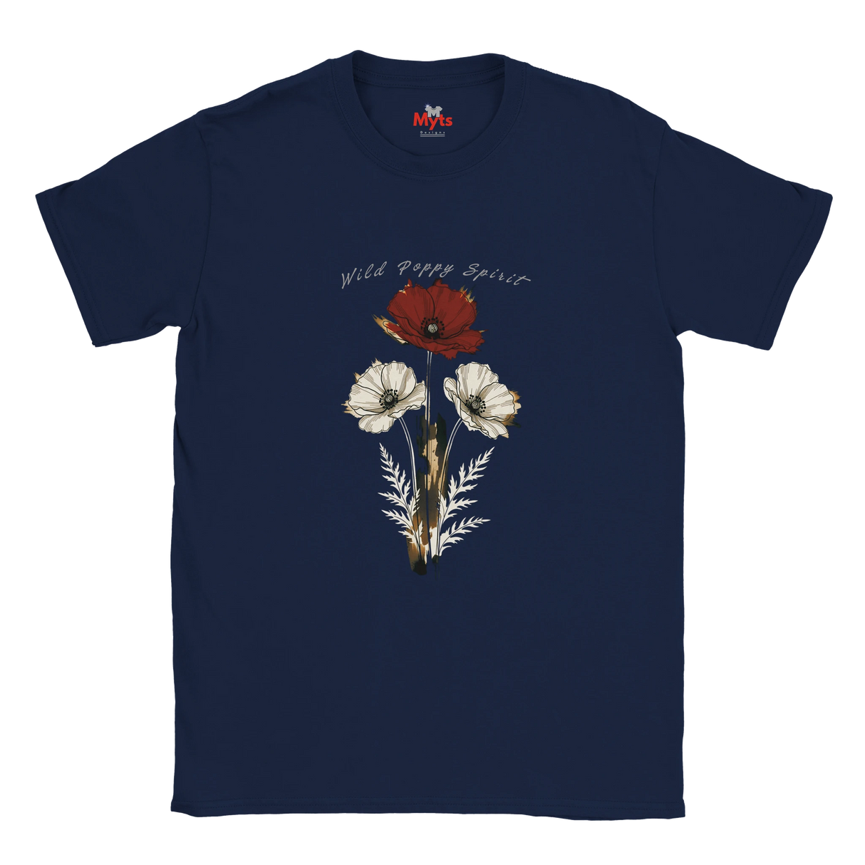 A navy blue short-sleeve t-shirt with a graphic of three wild poppy flowers (one red, two white) and the text 'Wild Poppy Spirit' printed on the chest. The brand 'MMS' is visible on the inner neck label.