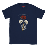 A navy blue short-sleeve t-shirt with a graphic of three wild poppy flowers (one red, two white) and the text 'Wild Poppy Spirit' printed on the chest. The brand 'MMS' is visible on the inner neck label.