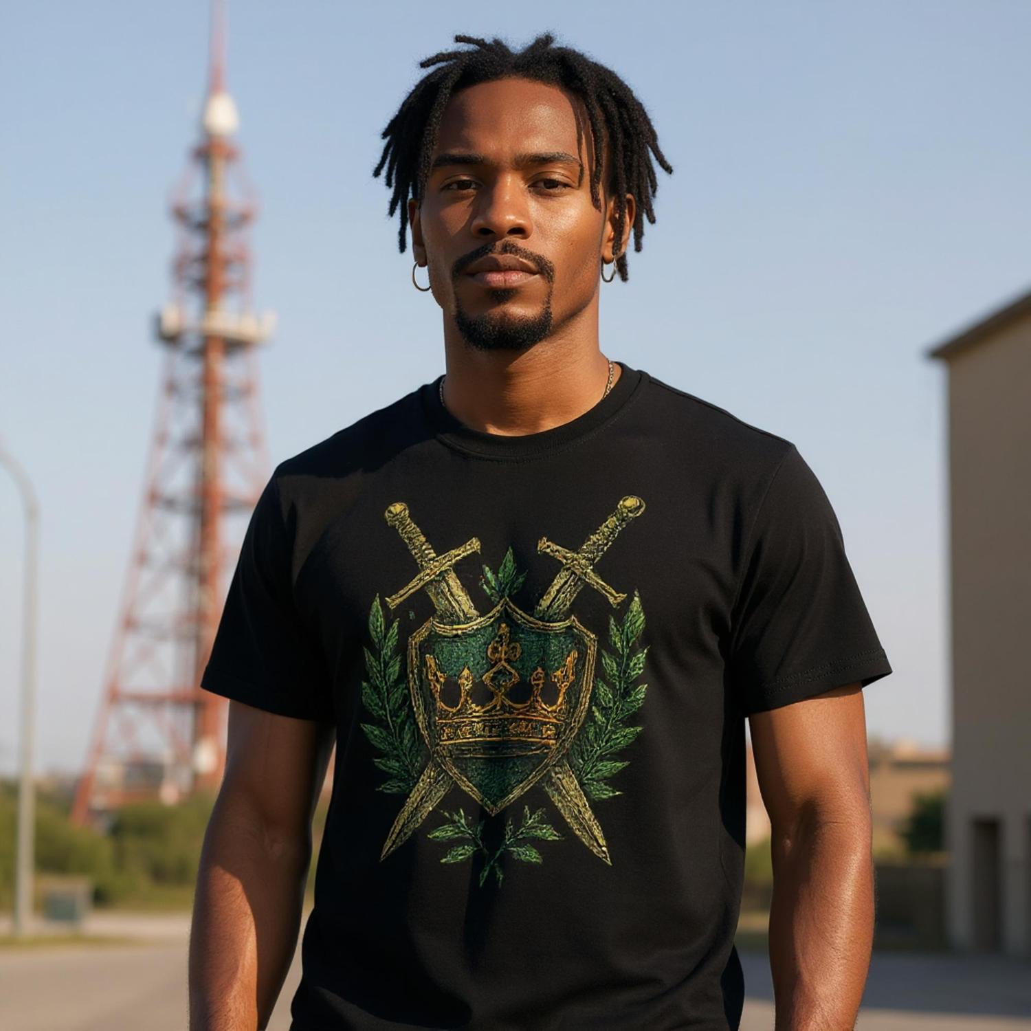 Man wearing a black T-shirt with an embroidered-style design of a green shield featuring a gold crown, flanked by crossed swords and laurel leaves—regal, medieval-inspired graphic centered on the chest.