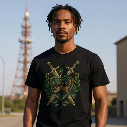 Man wearing a black T-shirt with an embroidered-style design of a green shield featuring a gold crown, flanked by crossed swords and laurel leaves—regal, medieval-inspired graphic centered on the chest.