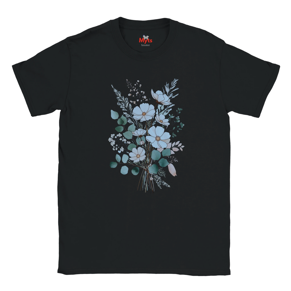 A black short-sleeve crewneck t-shirt featuring a central graphic print of a floral bouquet with light blue, white, and green flowers and leaves, displayed on a solid white background.