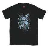 A black short-sleeve crewneck t-shirt featuring a central graphic print of a floral bouquet with light blue, white, and green flowers and leaves, displayed on a solid white background.