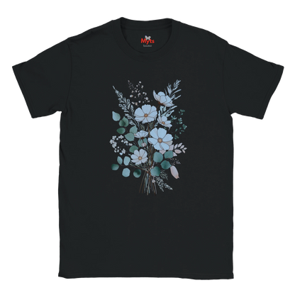 A black short-sleeve crewneck t-shirt featuring a central graphic print of a floral bouquet with light blue, white, and green flowers and leaves, displayed on a solid white background.