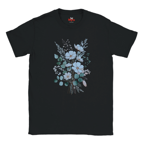 A black short-sleeve crewneck t-shirt featuring a central graphic print of a floral bouquet with light blue, white, and green flowers and leaves, displayed on a solid white background.