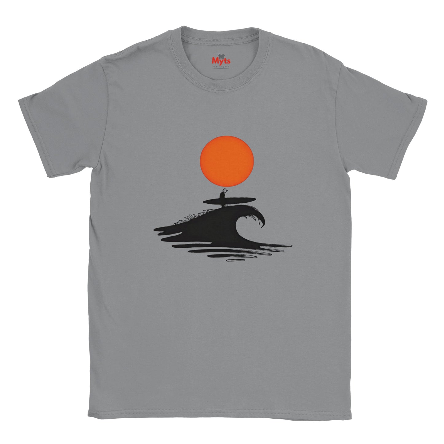 Sports Gray t-shirt with a graphic design of a person on a surfboard riding a wave under an orange sun, branded 'Myts'.
