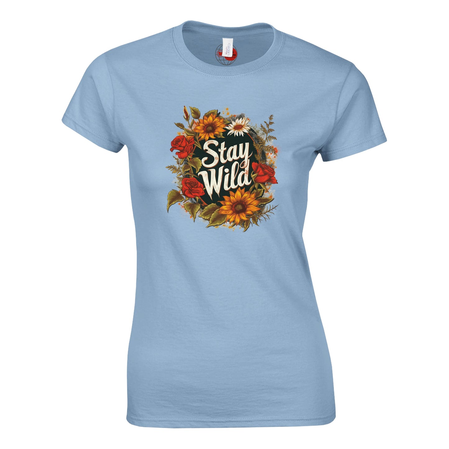 Light blue t-shirt with floral design and 'Stay Wild' text on a white background