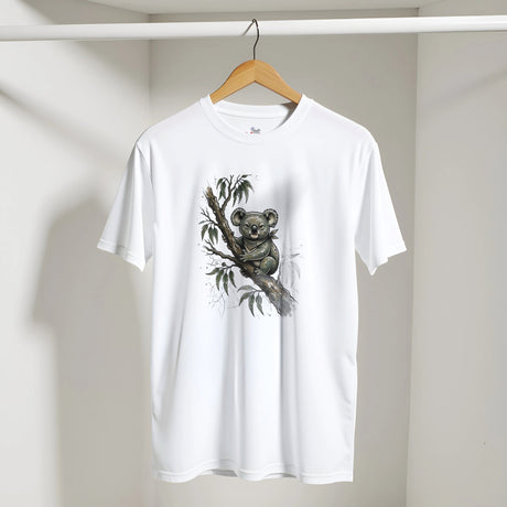 A white short-sleeve crewneck t-shirt hanging on a wooden hanger against a light gray wall. The shirt features a detailed graphic print of a koala sitting on a tree branch on the front.