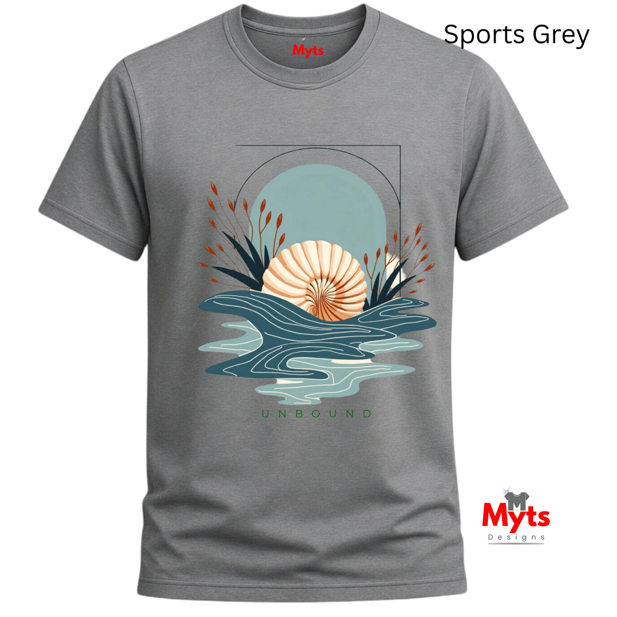 Sports Grey unisex coastal graphic tee with minimalist seashell, abstract blue ocean waves, and UNBOUND lettering.