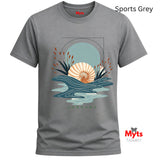 Sports Grey unisex coastal graphic tee with minimalist seashell, abstract blue ocean waves, and UNBOUND lettering.